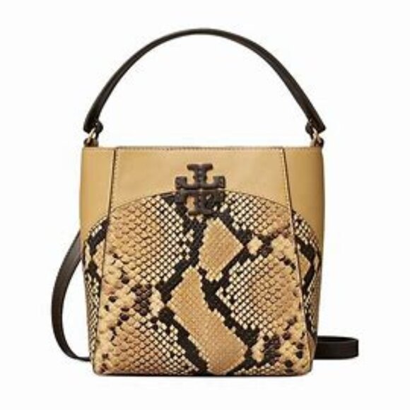 Tory Burch 398 149429 McGraw Snake Embossed Small Bucket Bag Sand Drift NWT - Picture 1 of 11